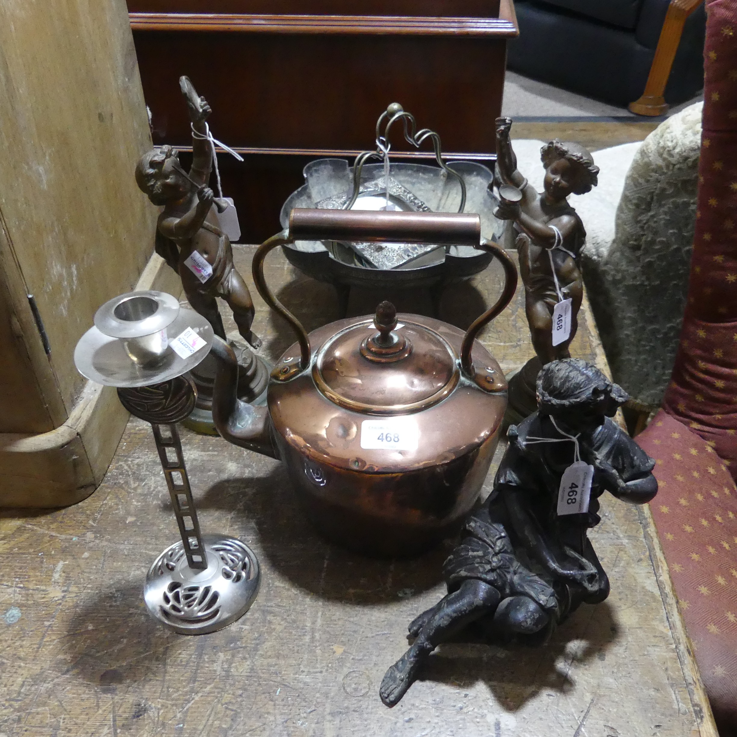 A small quantity of Metalwares, to include a pair of spelter Figural Groups, a cast metal Figure
