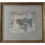 Early 20th century School, W.W.1 Soldier leading a horse and cart, pencil and watercolour, 25.5cm