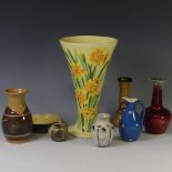 A Charlotte Rhead-style Vase, with floral decoration on yellow ground, H 26cm, together with 6
