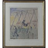 English School (20th century), Figures in a park with swing boats, pencil and watercolour,
