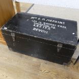 A black painted pine hinged Trunk, with name painted in white to lid and iron carrying handles, W