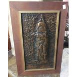 A framed embossed copper picture of a Japanese Fisherman, signed Avl 13, together with a copper