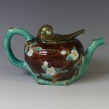 A 19thC majolica birds nest Teapot, in the manner of Minton, George Jones and Wedgwood, the lid
