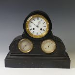 A 19th century French black slate Mantle Clock with Barometer and Thermometer dials, the brass