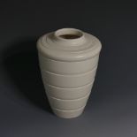 Keith Murray for Wedgwood; Conical tapering banded Vase, of shouldered form, in Moonstone glaze,