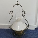 An early 20thC brass Hanging Oil Lamp, of bell shape with floral scroll and Greek key decoration,