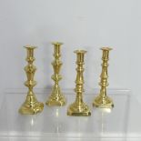 Two pairs antique turned brass Candlesticks, on square and hexagonal bases, dents to sconce, Highest