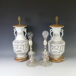 A pair of glass Table Lamps, together with a pair of Oriental style Table Lamps, with pierced