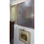 A large Ikat woven panel, framed, 78cm x W85cm, together with a Chinese silk panel, framed, and a