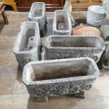 Garden statuary; five rectangular reconstituted stone troughs, each on supports, L 71cm x W 29cm x H