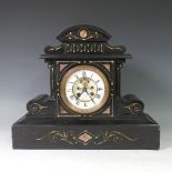 A late Victorian black slate mantel Clock, of architectural form, the Ansonia Clock Co. 8-day twin-