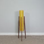 A retro 1970s teak and fibre glass floor standing Rocket Lamp, with spun fibreglass shade on teak