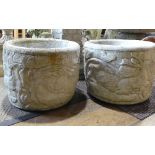 Garden Statuary; a pair of stoneware garden Planters, decorated with flora and fauna, H 30cm,