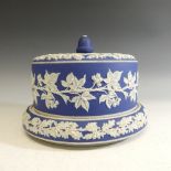 A Victorian Dudson dark blue Jasperware Cheese Dome, the top decorated with raised relief of oak