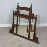 An Edwardian overmantle Mirror, with shaped gallery, carved finials and turned supports, W 107cm x D