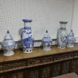 Three modern Chinese blue and white Jars with covers, H 45cm, together with two tall vases
