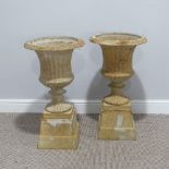 Garden Statuary; a pair of heavy cast iron Campagna Garden Urns, of fluted pedestal form with