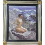 Siu Jung (Contemporary), Nude on rocks in coastal landscape, oil on canvas, signed, 60cm x 50cm,