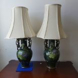 A pair of Oriental style terracotta baluster Table Lamps and Shades, with enamelled floral