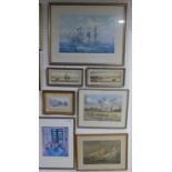 Six marine pictures and prints, including W. Sands, Brixham, pencil and watercolour, 12cm x 25cm,