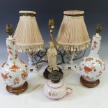 A pair of Oriental style porcelain Table Lamps, decorated with flowers, on a wooden base, H 33cm,