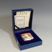 A limited edition Halcyon Days enamel Box, depicting Queen Elizabeth II, after a silk by Andy