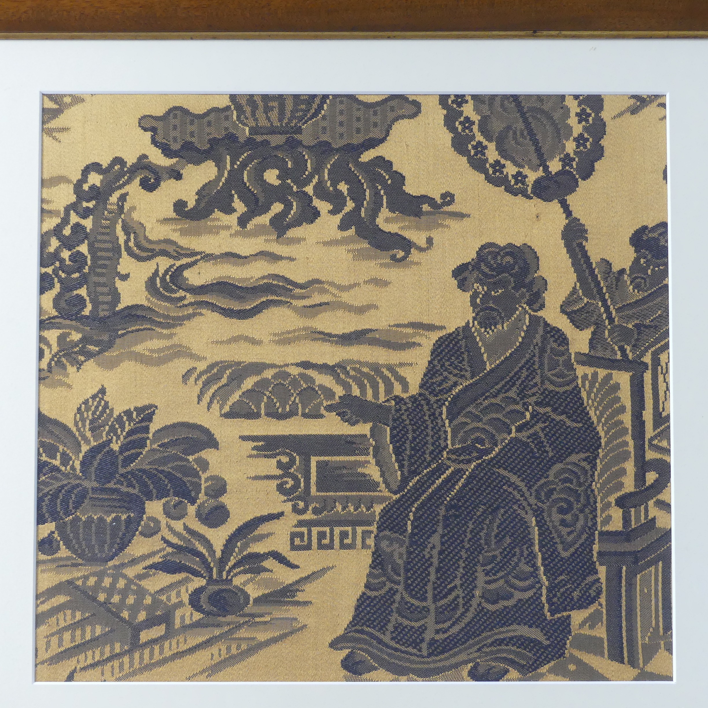 A Chinese woven silk Panel, depicting an elder on a throne among clouds, overmounted, framed in a - Image 3 of 4