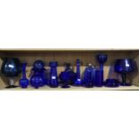 A quantity of Bristol blue Glassware, to include Decanters, Bowls, Vases, Eye Bath, Wine Glass etc.,