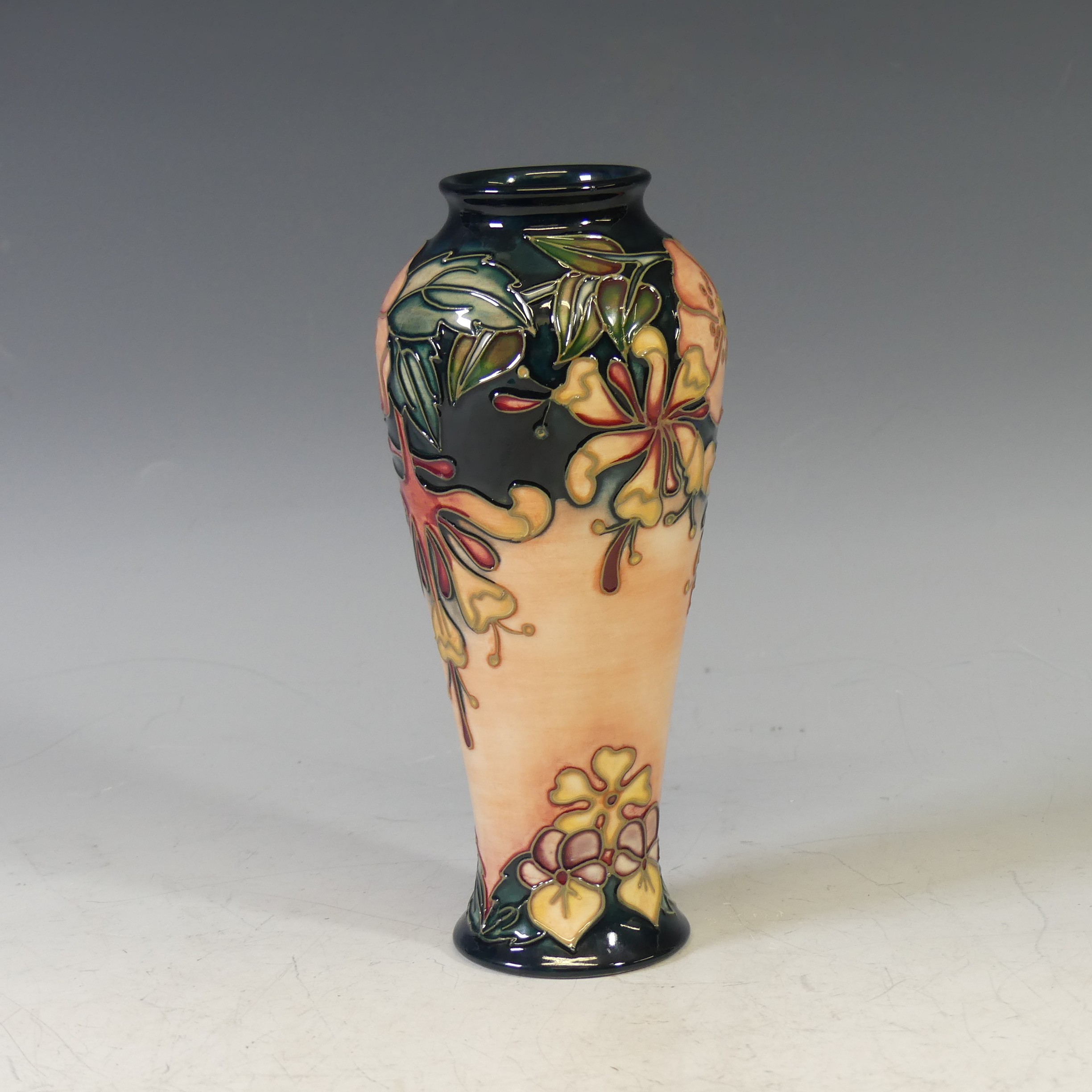 A Moorcroft 'Oberon Honeysuckle' pattern Table Lamp, with tubelined decoration on a blue and - Image 4 of 5