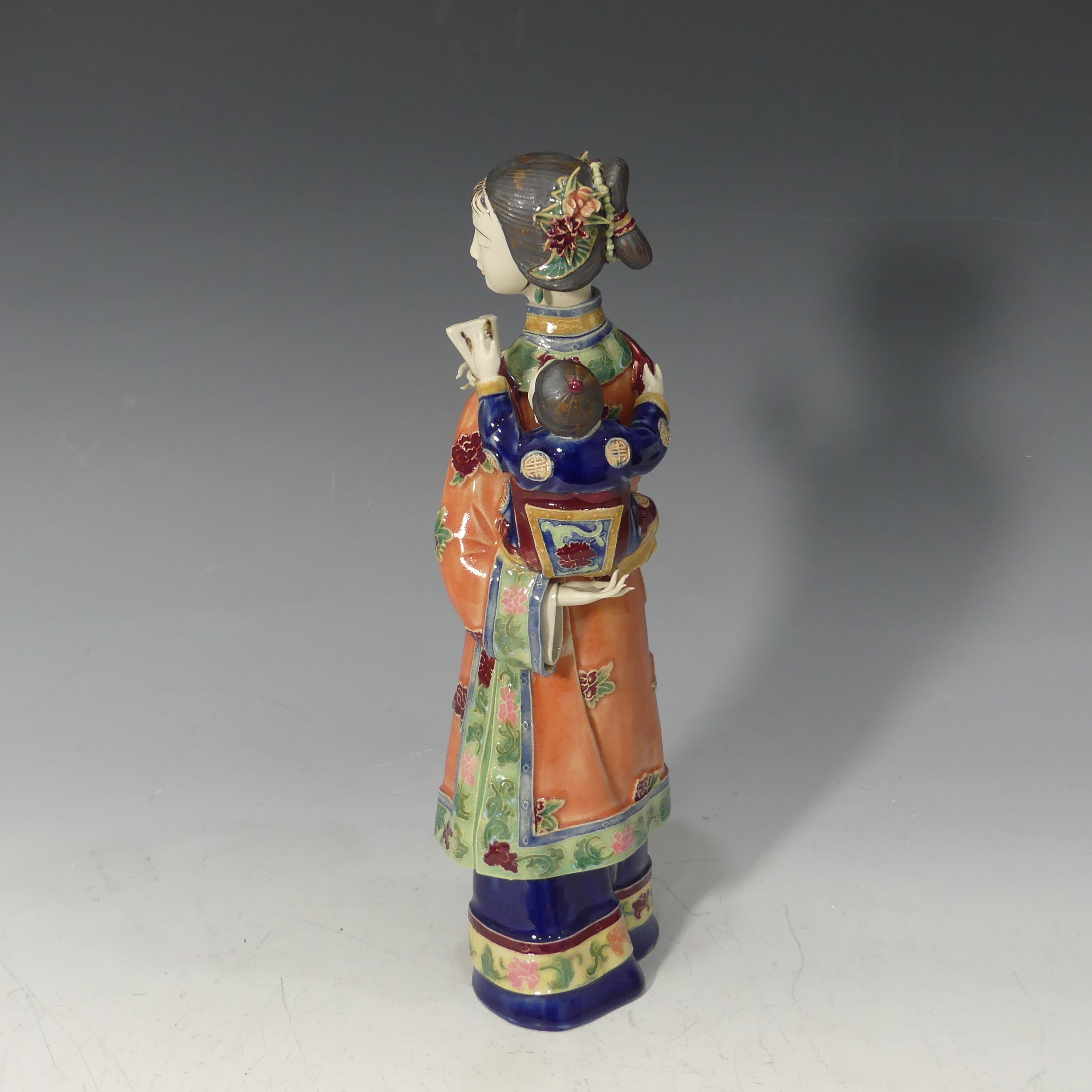 A 20thC Chinese porcelain Figure of a mother and child, decorated in rich enamels, with character - Image 2 of 7