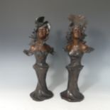 After Franz Iffland (1862-1935), a pair of Art Nouveau style patinated bronze busts of women,