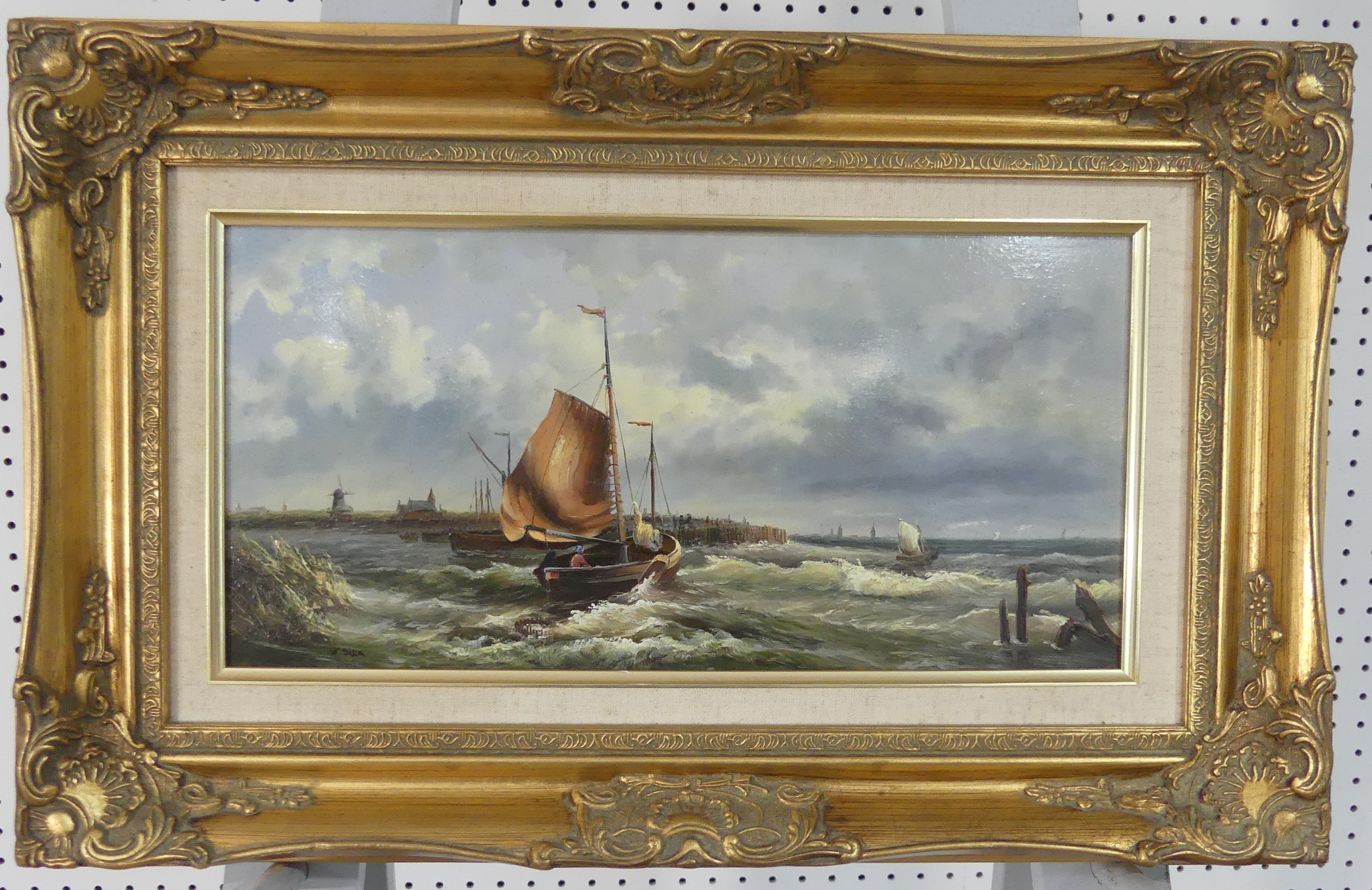 W Sita, Dutch Seascape, oil on board, signed bottom right,19.5cm x 40cm, framed.