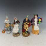 A Royal Doulton figure of the Pied Piper, HN2102, together with Balloon Lady HN2935, Embroidering
