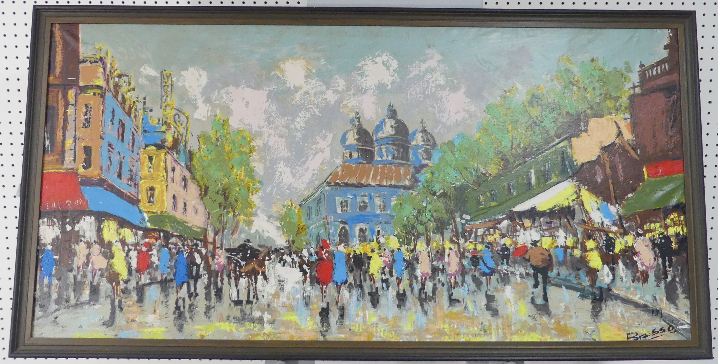 Brasso (20thC), Street scene, oil on canvas, signed lower left, 39cm x 76.5cm