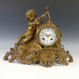 A French gilt metal figural Mantel Clock, late 19th century, the neoclassical case surmounted by a