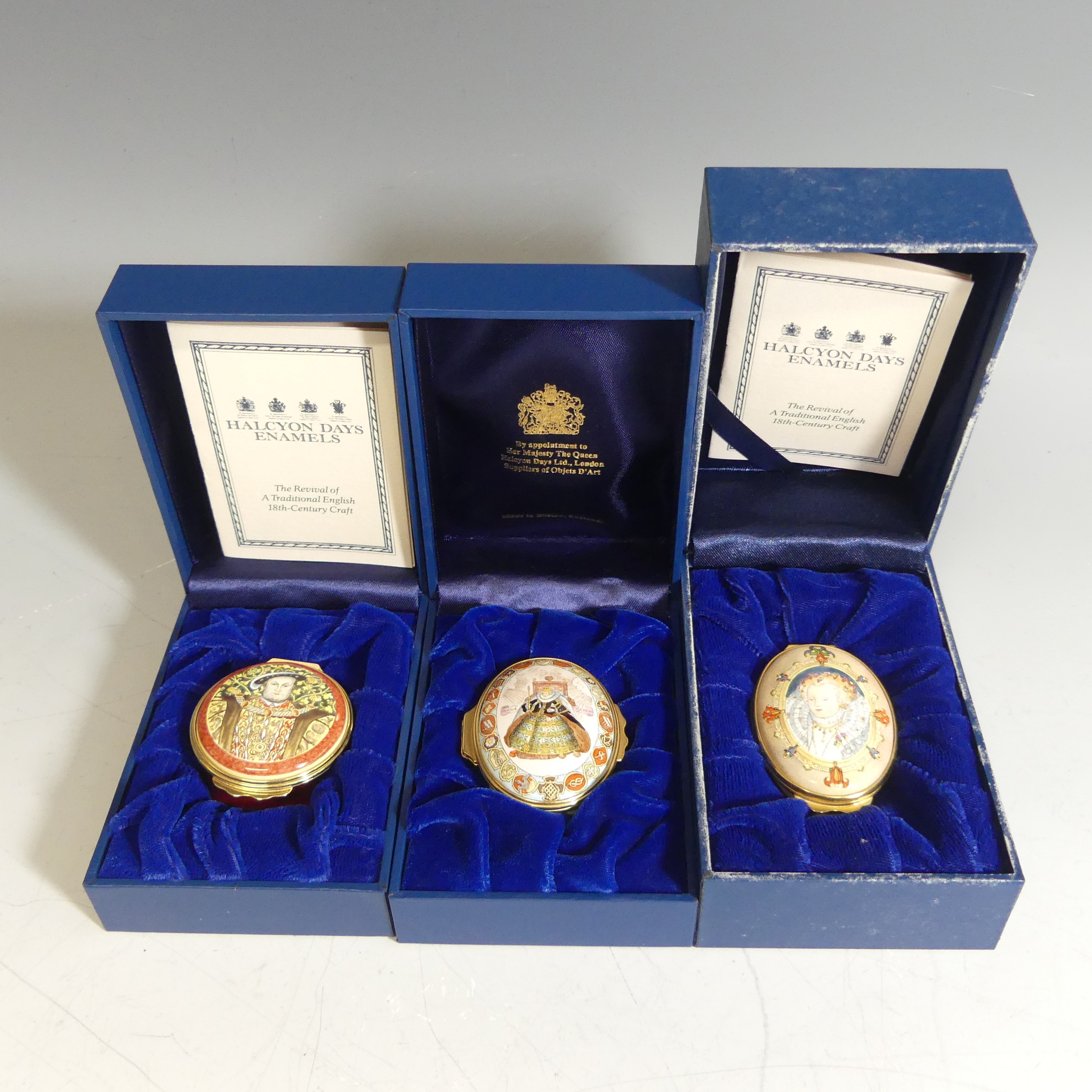 A quantity of Halcyon Days enamel Boxes of Royal Interest, to include Charles I (123/350), 100th - Image 3 of 4