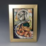 A Moorcroft 'Stars at Dawn' framed Plaque, tube lined decoration on dark blue ground, designed by