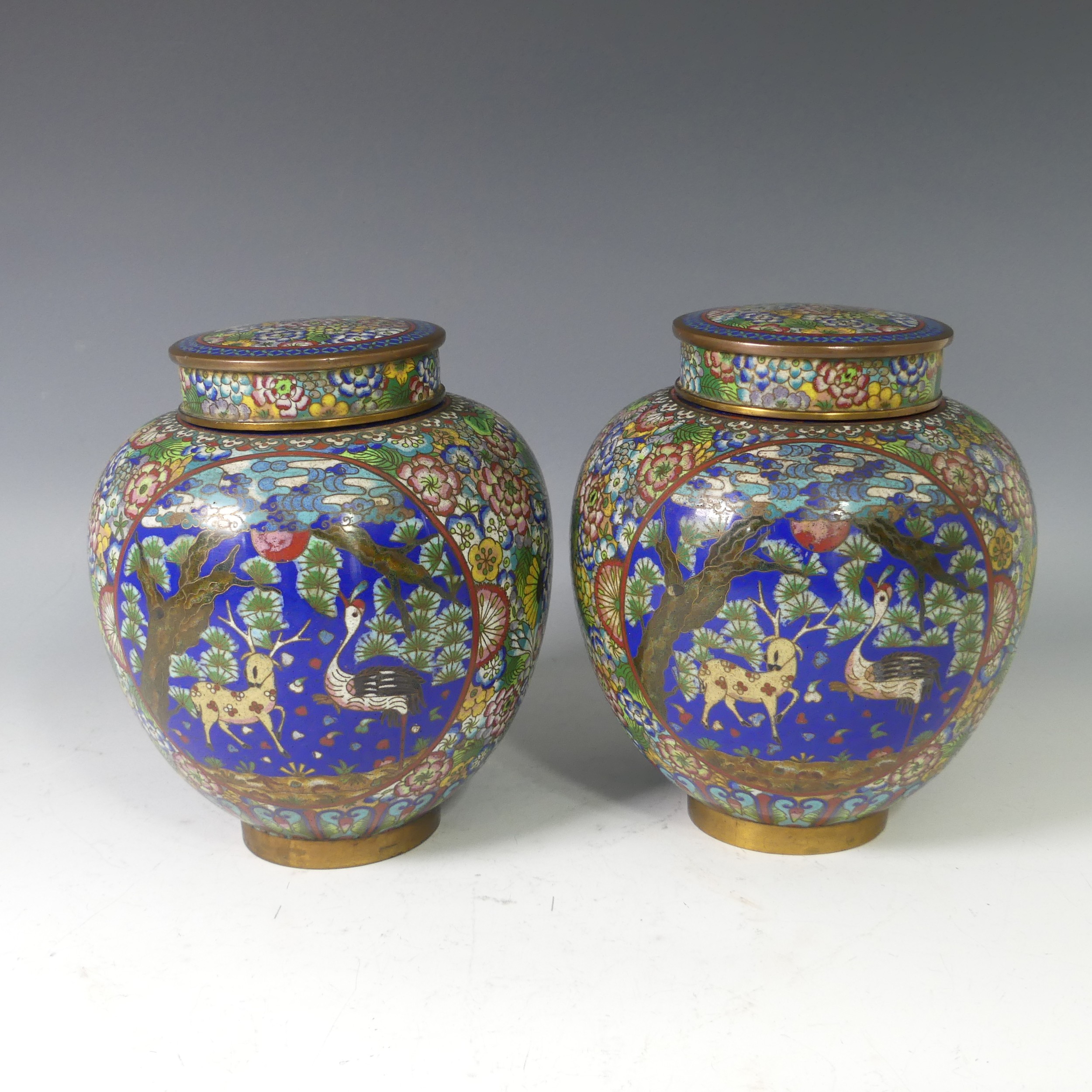 A pair of Japanese cloisonne lidded Jars, decorated with a panel depicting birds and mythical beasts - Image 2 of 5