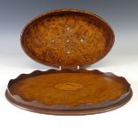 An Edwardian mahogany oval Tray, of small form with shell inlay, 30cm x 20cm, together with a burr