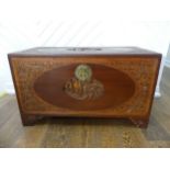 A 20th century carved Oriental camphorwood blanket chest, W:104 x H:60cm x D:51cm.