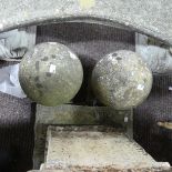 Garden ornaments and statuary: three ornamental garden stoneware spheres on stepped square bases one