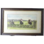 E. V. Price (20th century), Racehorses galloping towards a fence, watercolour, signed, 24cm x