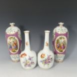 A pair of Dresden porcelain bottle Vases, decorated with Watteau style panels to the front and