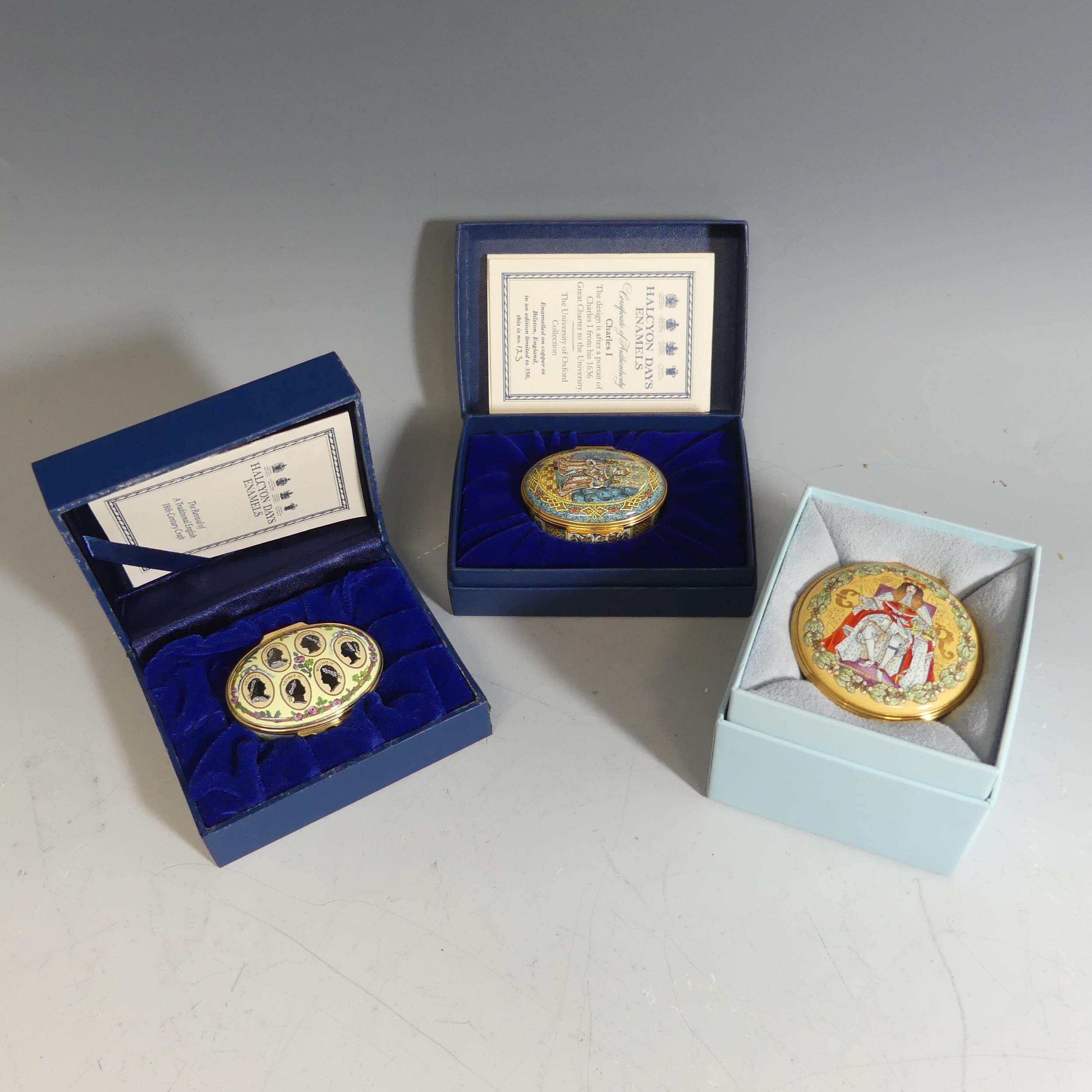 A quantity of Halcyon Days enamel Boxes of Royal Interest, to include Charles I (123/350), 100th - Image 4 of 4