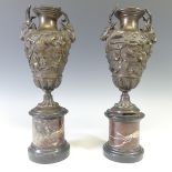 A pair of 19thC Grand Tour Neoclassical bronze Vases, decorated with raised vine and ivy, with