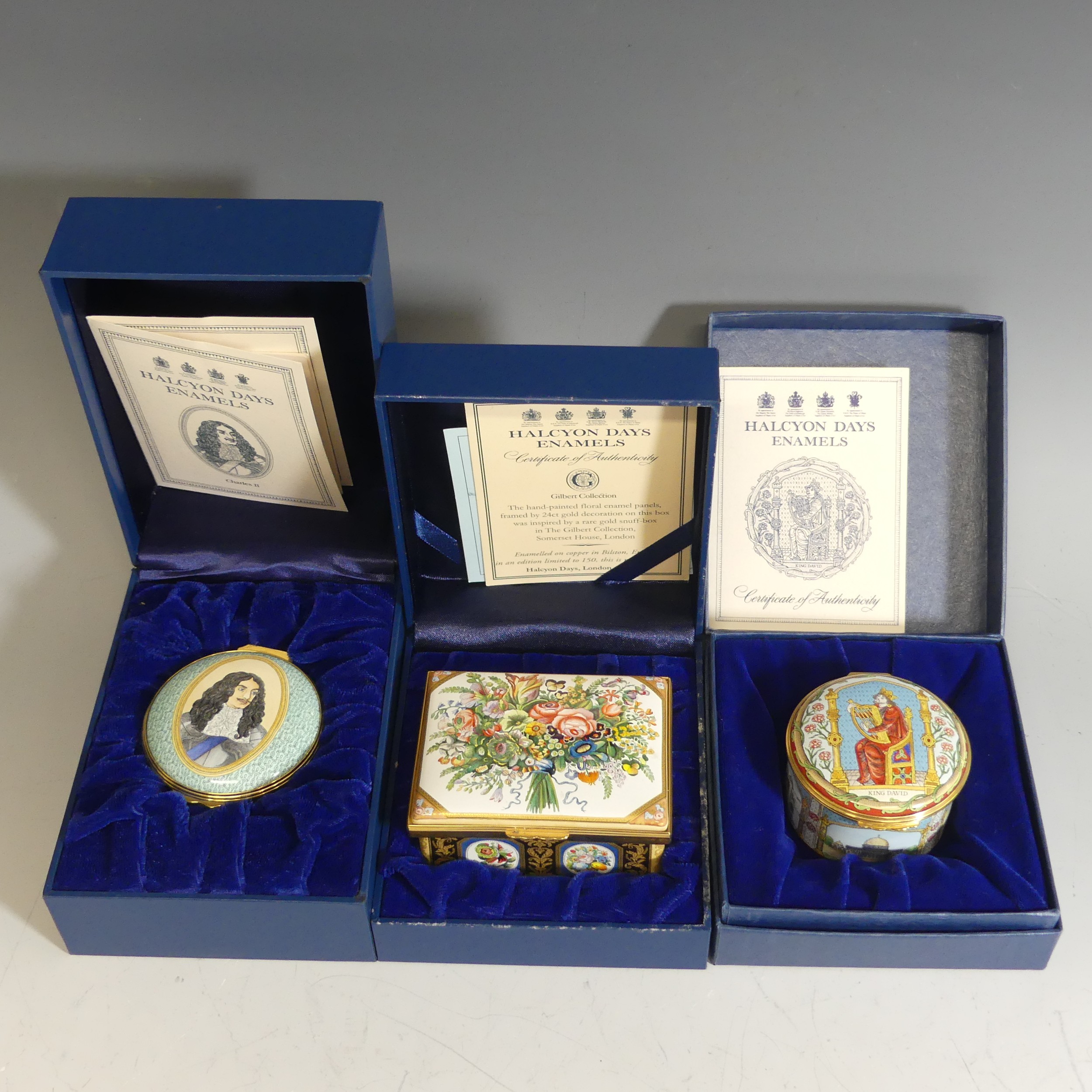 A small quantity of limited edition Halcyon Days enamel Boxes, comprising Charles II The Restoration - Image 2 of 3