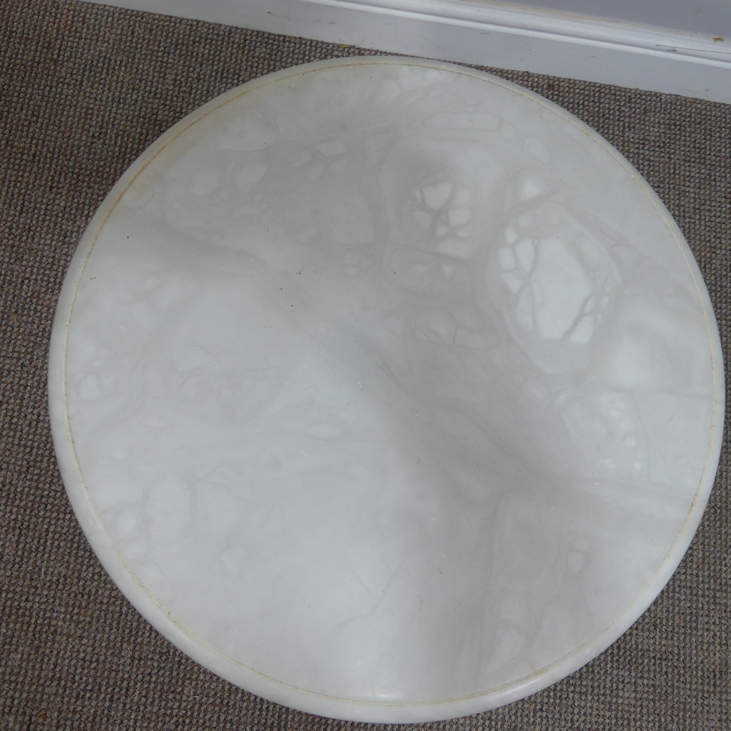 A carved alabaster circular occasional Table, raised on a triform base, W 46cm x D 46cm x H 50cm, - Image 3 of 6