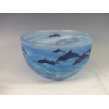 A Malcolm Sutcliffe studio glass Bowl, depicting dolphins swimming in the ocean, with incised