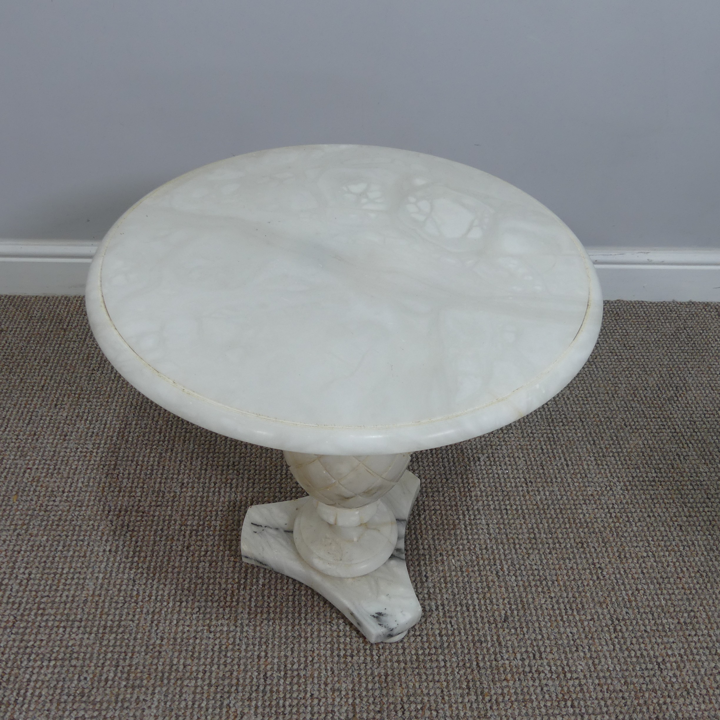 A carved alabaster circular occasional Table, raised on a triform base, W 46cm x D 46cm x H 50cm, - Image 2 of 6