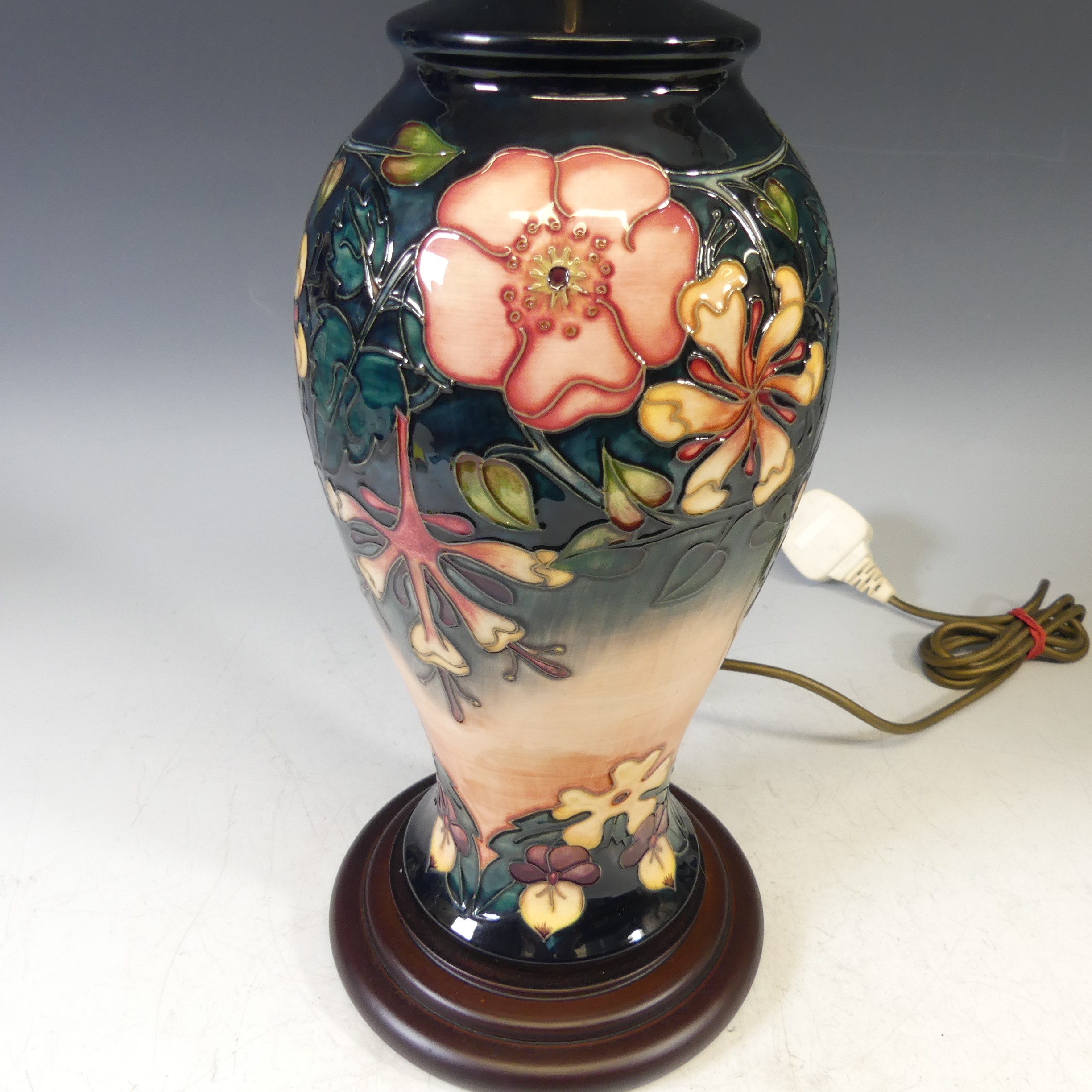 A Moorcroft 'Oberon Honeysuckle' pattern Table Lamp, with tubelined decoration on a blue and - Image 2 of 5